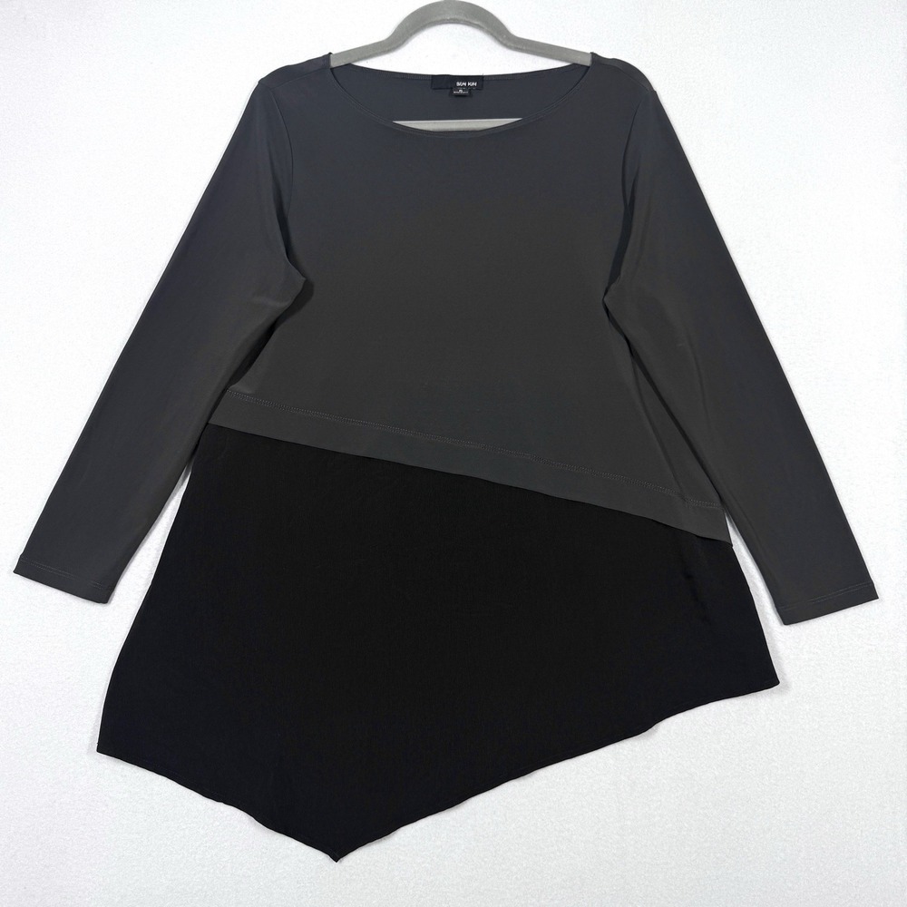 Sun Kim Top Womens Small Colorblock Asymmetric Tunic Stretch Lagenlook Artsy‎